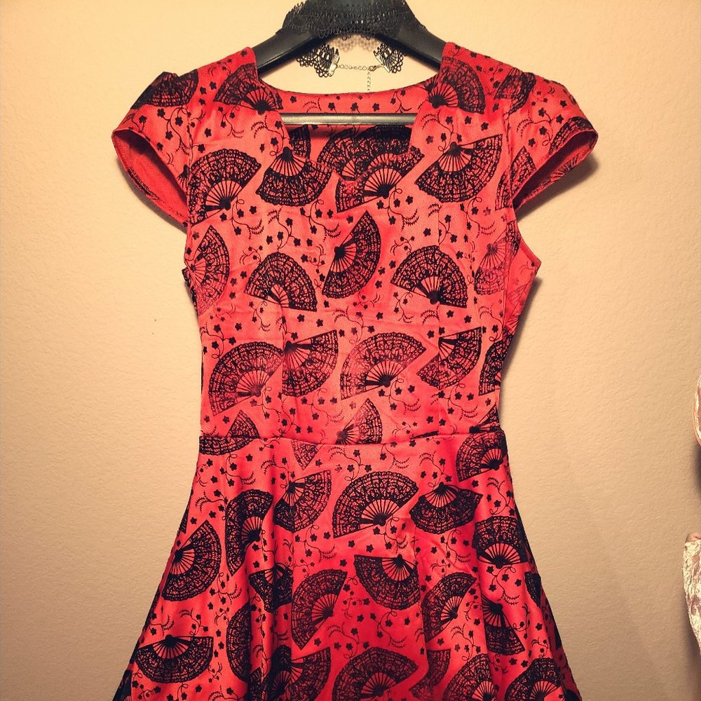 Velvet Flocked Fan Print Modcloth Retro Dress